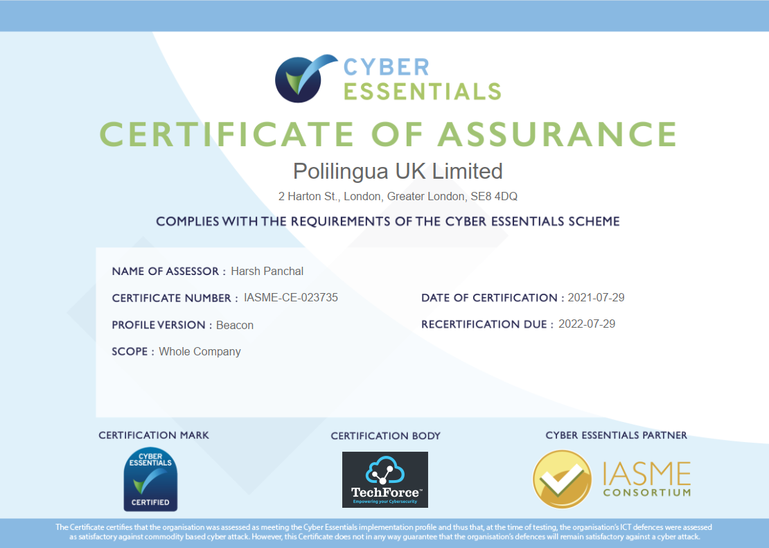 PoliLingua Cyber Essential Certified